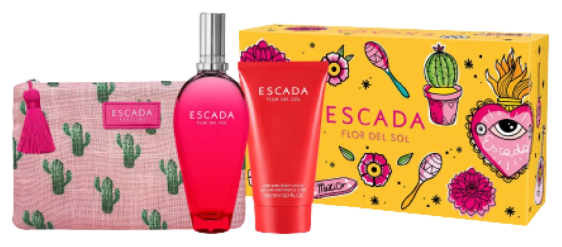 ESCADA FLOR DEL SOL 3 PCS SET: 3.3 EAU DE TOILETTE SPRAY + 5 OZ PERFUMED BODY LOTION + CLUTCH BAG (PICTURE BOX)
