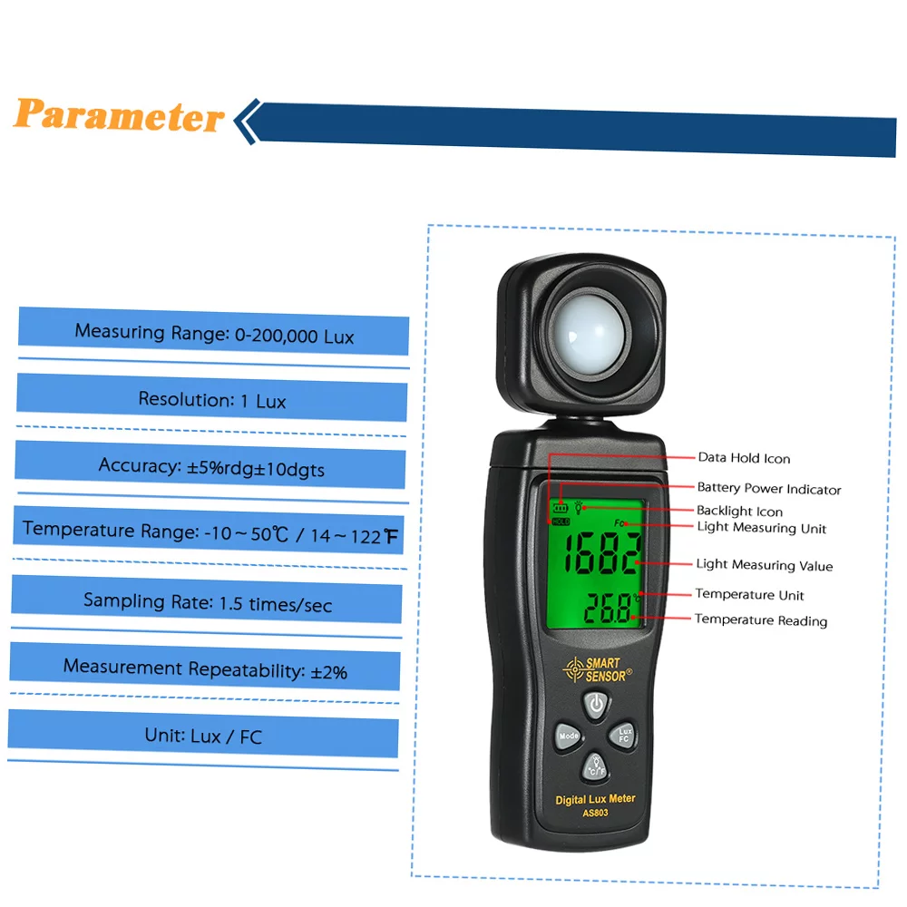 SMART SENSOR Mini Digital Lux Meter LCD Display Handheld Illuminometer Luminometer Photometer Luxmeter Light Meter 0-200000 Lux