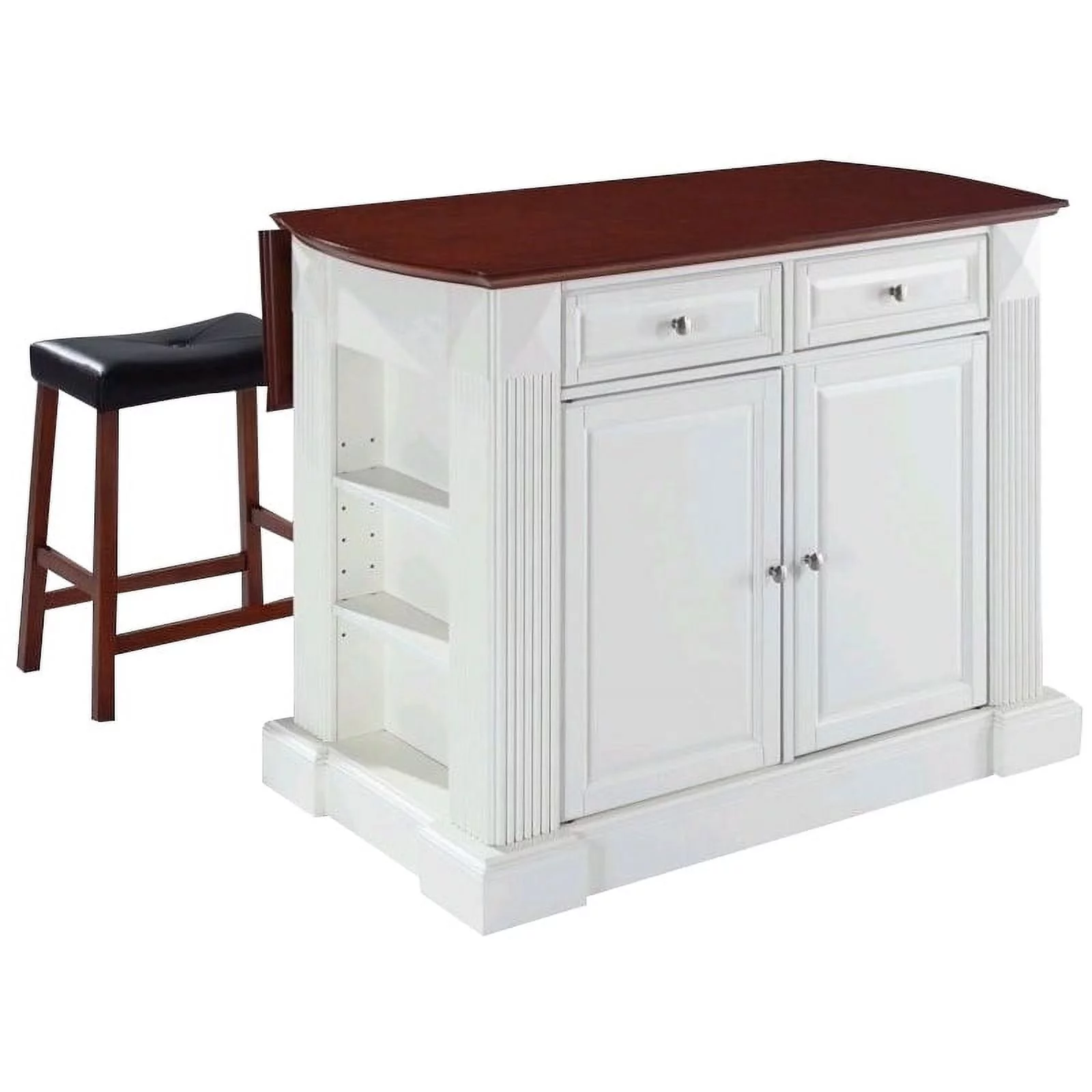 Pemberly Row Wood Drop Leaf Breakfast Bar Kitchen Island with Stools in White
