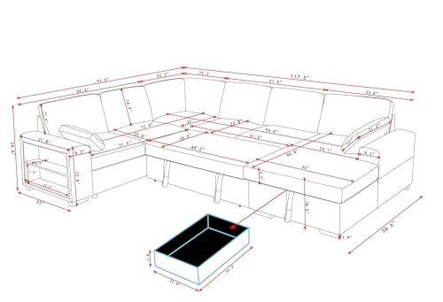 Eafurn 6 Seater Oversized U Shaped Sleeper Sectional Sofa Pull Out Couch Bed, Comfy Corduroy Upholstered Convertible Pullout Lounge Sofa Sofabed w/Storage Chaise, Shelves for Living Room Apartment