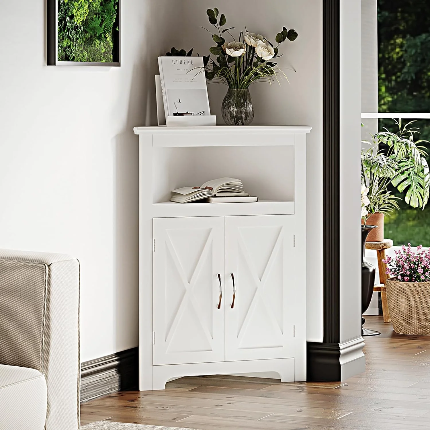 YINCHEN Corner Storage Cabinet, Small Corner Cabinet with Barn Door Design and Adjustable Shelf, Home Space Saver for Living Room, Bathroom, Kitchen, Bedroom, White