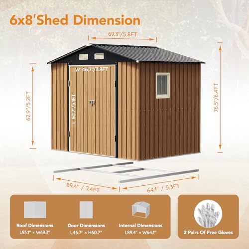 5X3X6.1FT Garden Storage Shed with Lockable Door,Steel Tool Shed with Sloping Roof,Anti-Corrosion Metal Shed for Backyard Patio Lawn (Light Wood Grain)