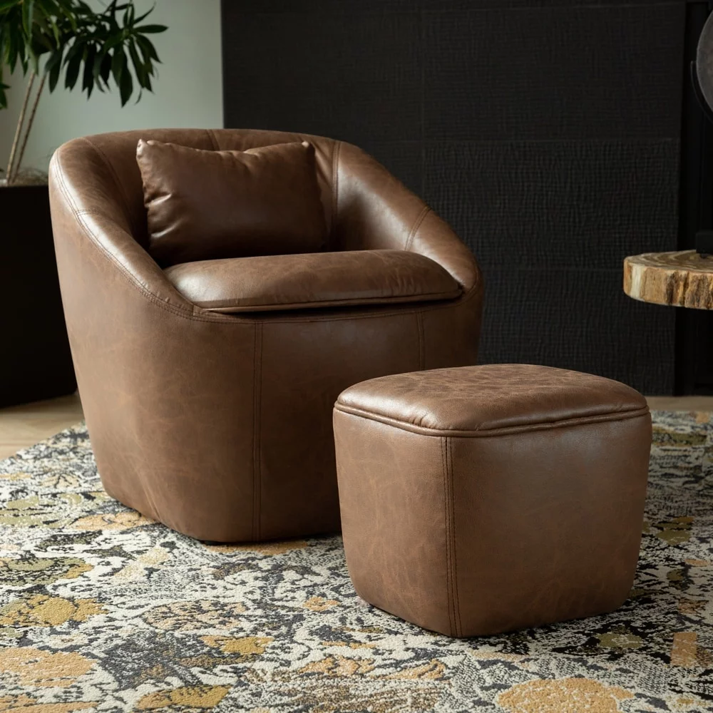 7th Haven Inc WOVENBYRD Barrel Chair with Storage Seat and Ottoman Brown Faux Leather Faux Leather