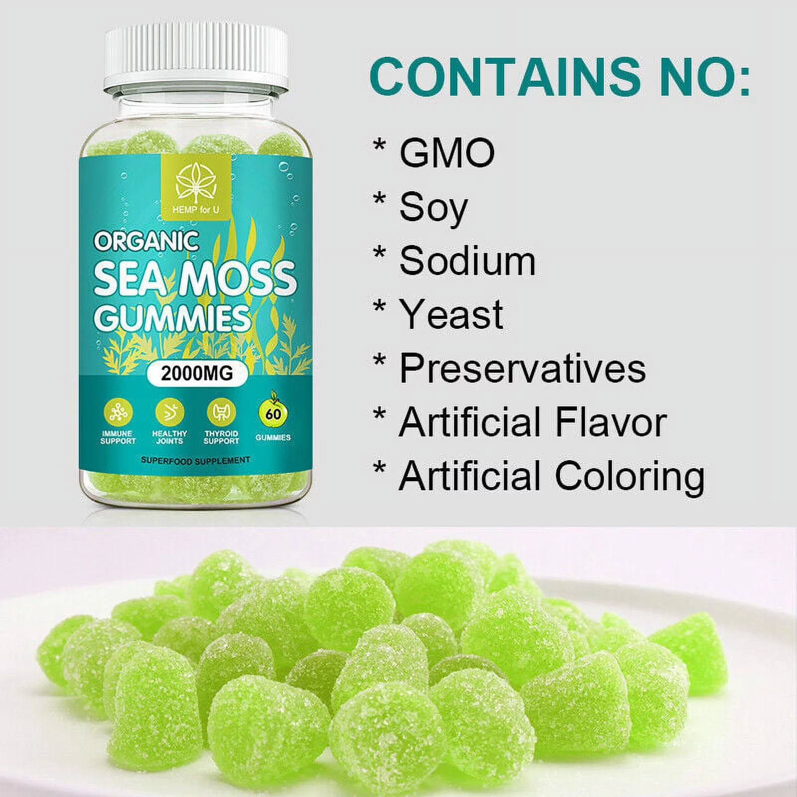 Organic Sea Moss Gummies-Apple Cider Vinegar, Bladderwrack, Burdock Root, 2000mg 60 Capsule