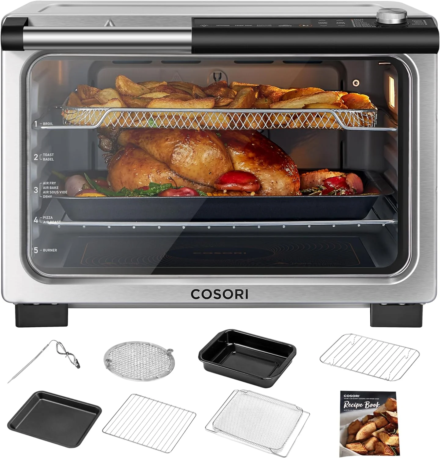 YINCHEN 13-in-1 26-Quart Ceramic Air Fryer Toaster Oven Combo, Flat-Sealed Heating Elements for Easy Cleanup, Innovative Burner Function, 7 Included Accessories & Recipes, CCO-R251-SUS
