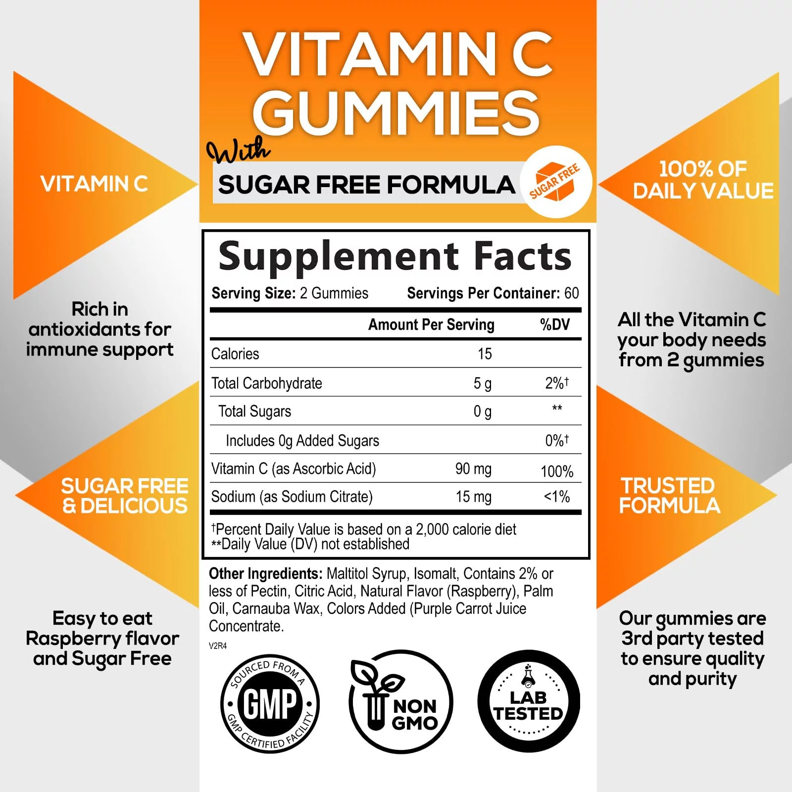 Sugar Free Vitamin C Gummies - Immune Support & Antioxidant Vitamin Dietary Supplement - Vegan, Non-GMO, Dairy & Gluten Free C Gummy Vitamins - Raspberry Flavor for Kids & Adults - 120 Count Gummies