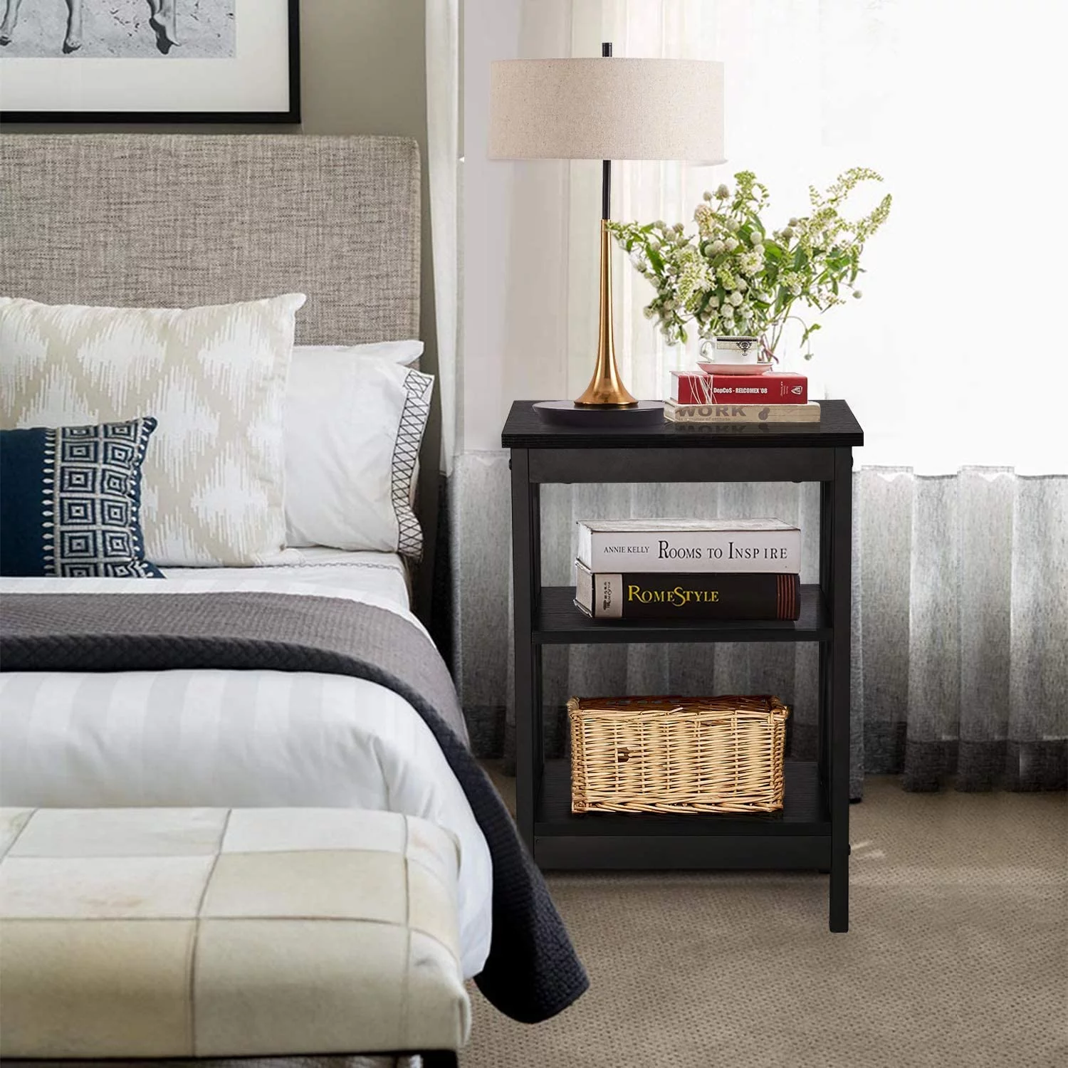 End Side Table with Storage Shelf Nightstands for Living Room,Bedroom Furniture,Shelves, 2 Pack, Black