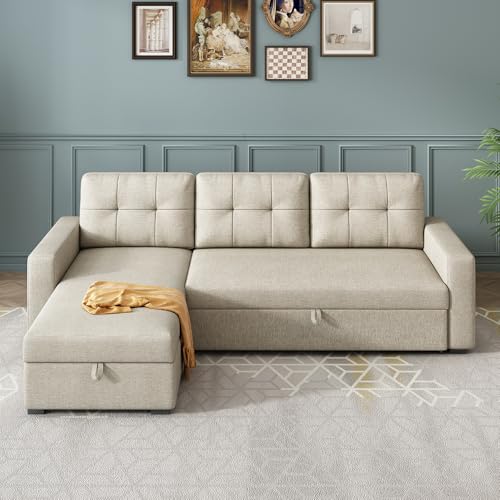 Ball & Cast Sleeper Sofa Couch with Pull Out Bed,L Shaped Sleeper Sofa with Storage,Sectional Sleeper Couch,Convertible Sleeper Sectional Sofa W/Reversible Chaise & Back Cushion,for Living Room,Office