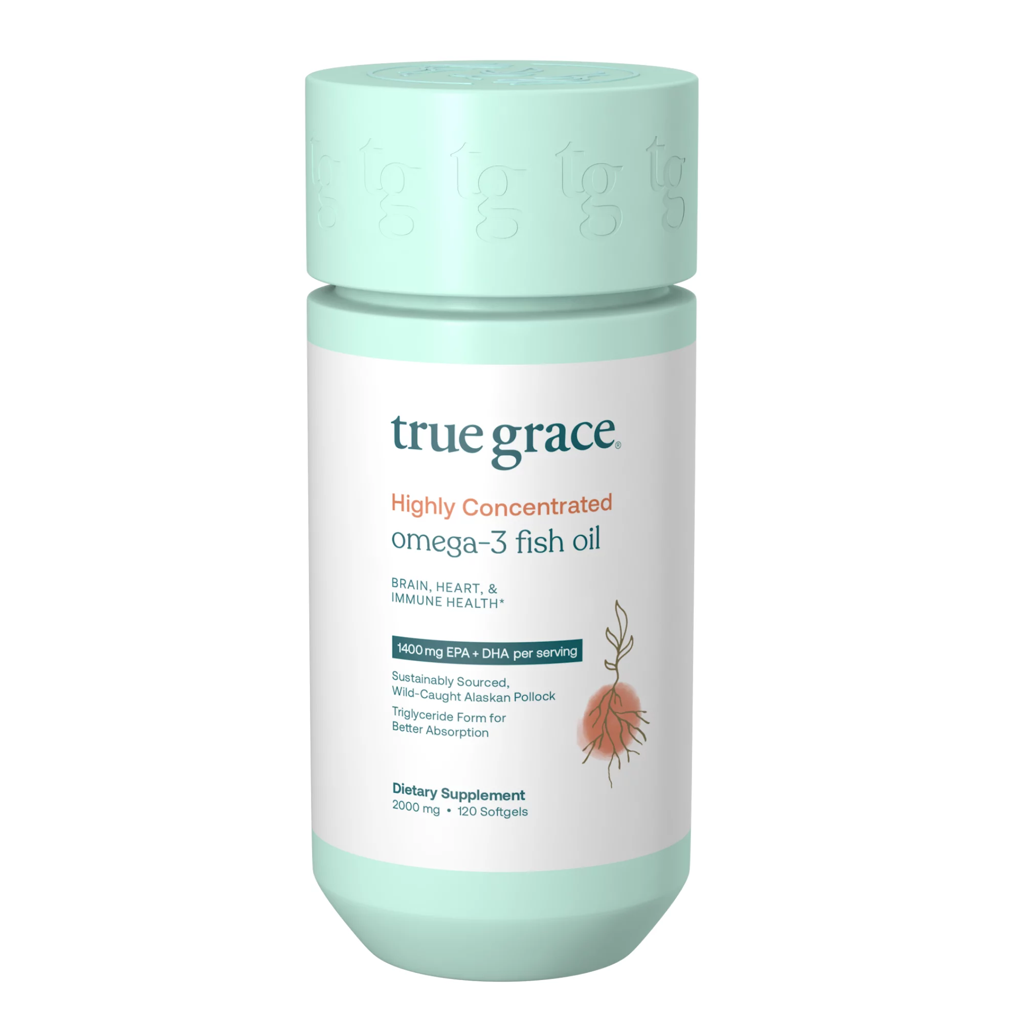 True Grace Omega-3 Fish Oil 2000 mg Supplement EPA + DHA Brain Heart Joint & Immune Health Support - Triglyceride Form Wild-Caught, Molecularly Distilled, Purified Gluten-Free, Soy-Free - 120 Softgels