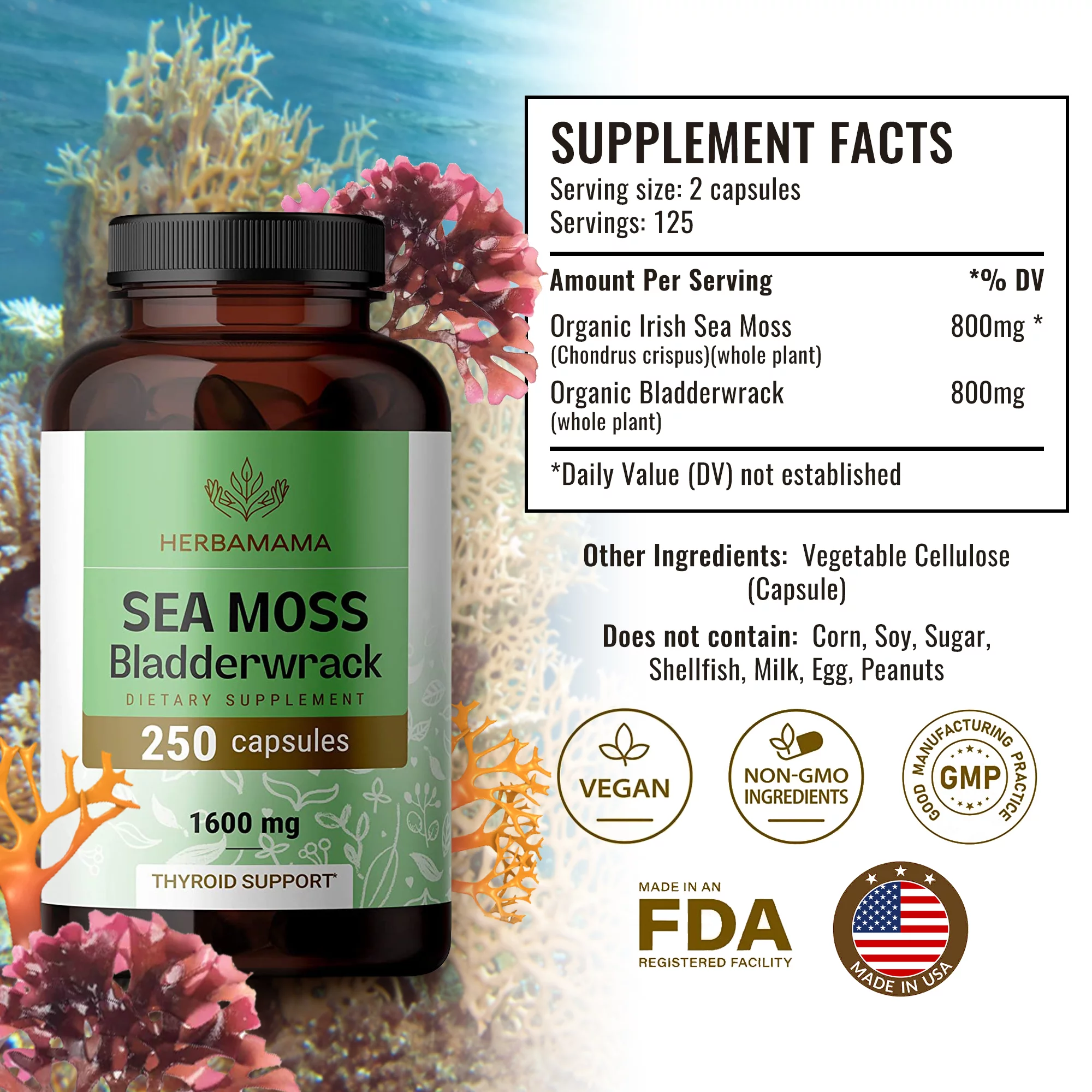 HERBAMAMA Sea Moss & Bladderwrack Capsules - Thyroid Support, Immune & Gut Health 250 Caps
