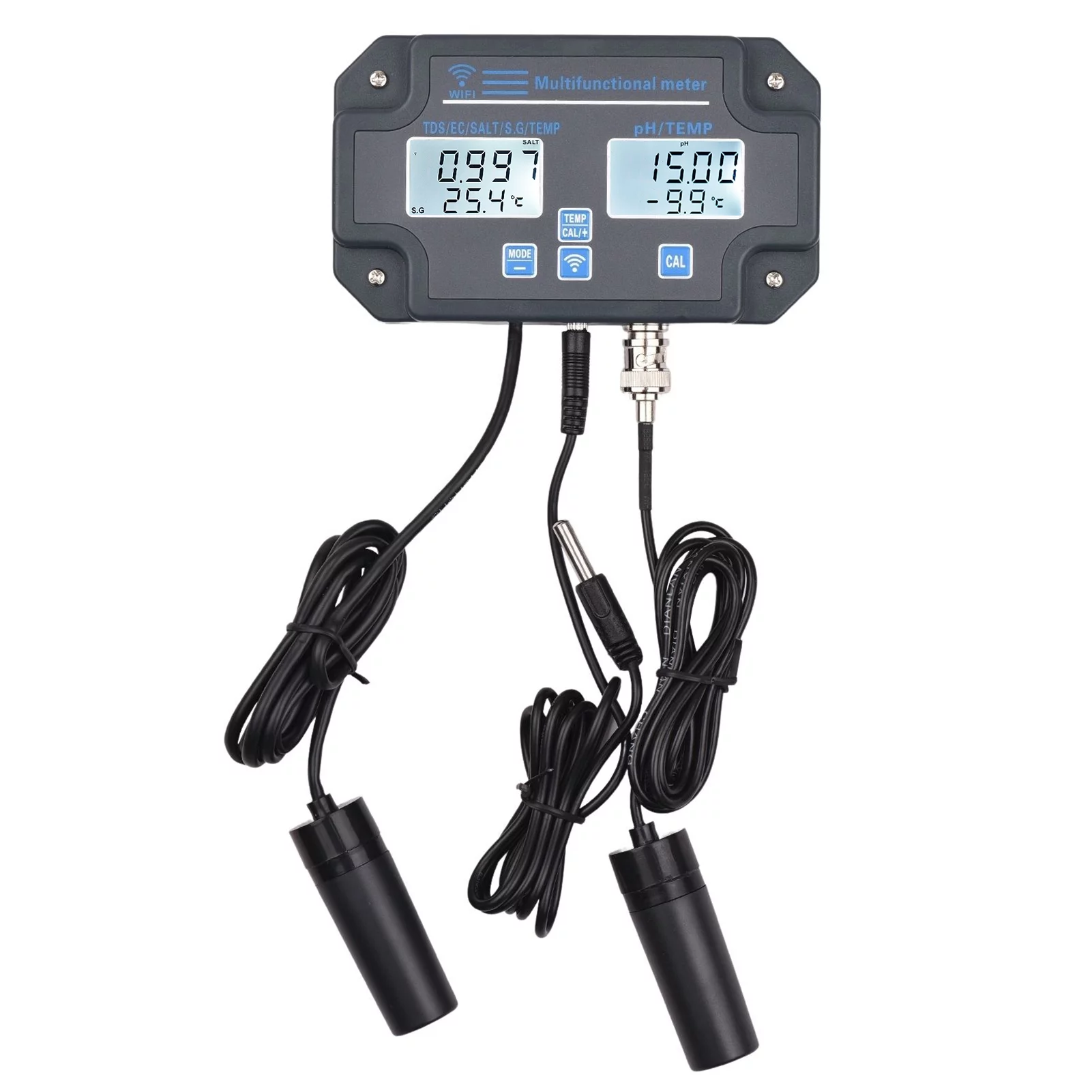 6588 Wifi Digital Water Quality Tester Wall Mounted 6 in 1 Water Analyzer PH/ EC/ / SALT/ S.G/ Temperature APP Remote Monitoring Alarm Notification for Drinking Water Aquarium Hydroponics Lab