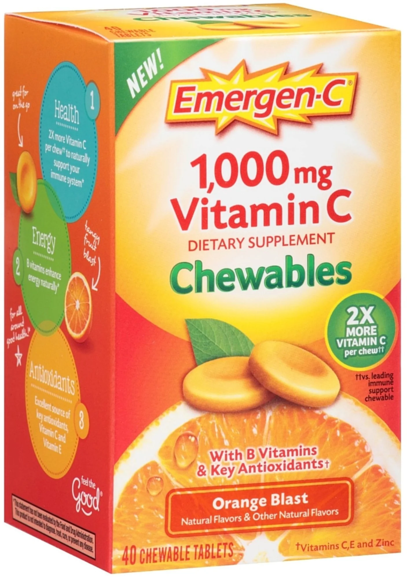 Emergen-C 1000 mg Vatamin C Chewable Tablets, Orange Blast 40 ea (Pack of 3)