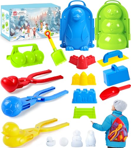 DISHIO Snow Toys, Winter Snow Toys Ball Maker Tool Kit for Kids Toddlers, Snowman Kit with Storage Bag Duck Heart Soccer Shape Molds Penguin Castle Snow Clips Snowman Snow Brick Fort Snow Shovel