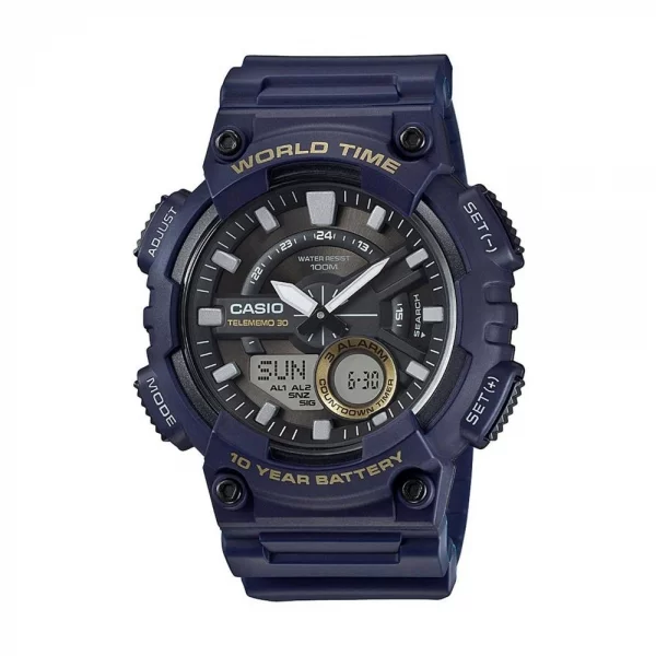Casio Men's World Time Telememo Blue Resin Band Analog and Digital Sport Watch AEQ110W-2AVCF