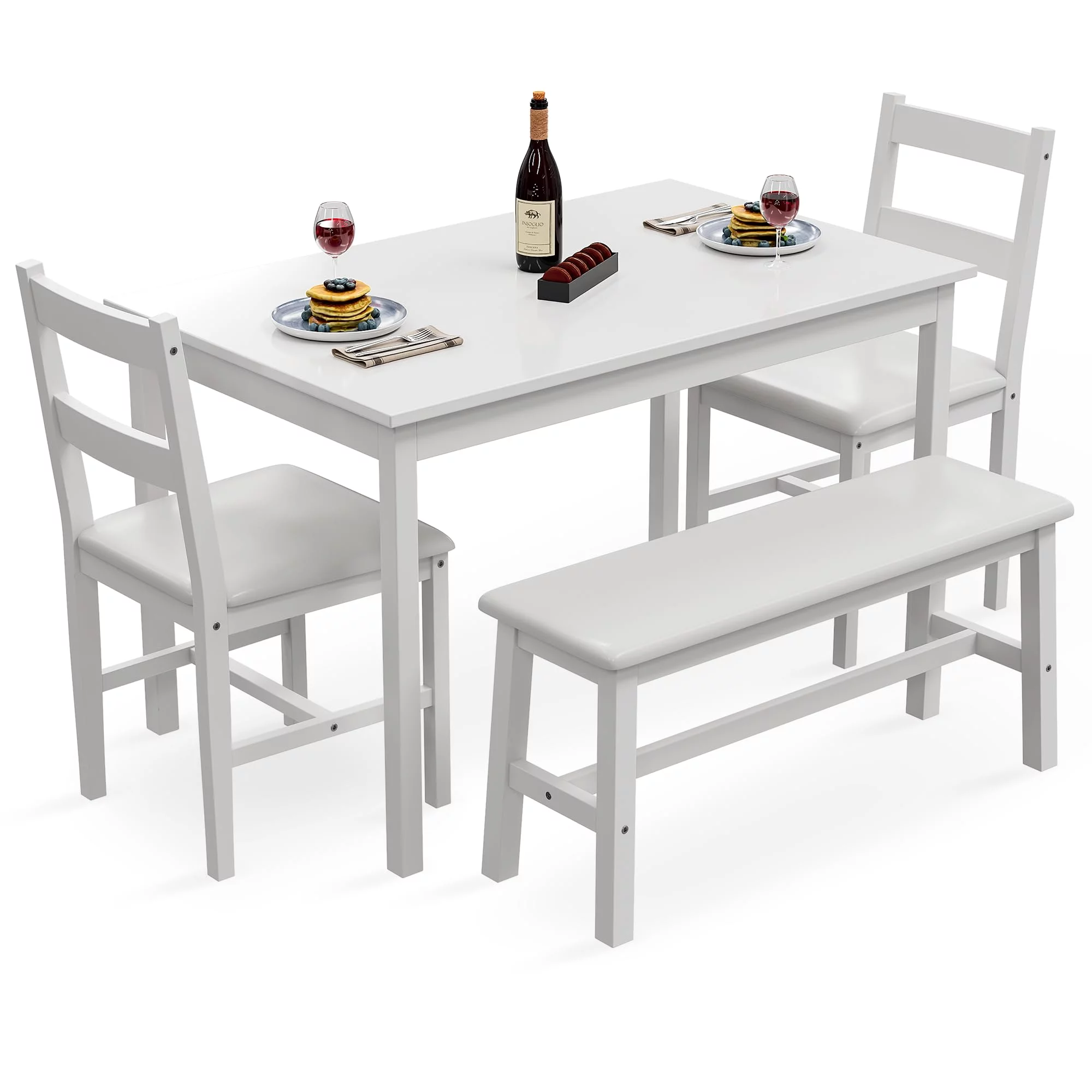 Dining Table Set for 4, 4 Piece Kitchen Table with Chairs and Bench, Wood Rectangular Dining Table Set with 2 PU Leather Chair and Bench for Small Spaces, Apartment, Breakfast, Living Room (White)