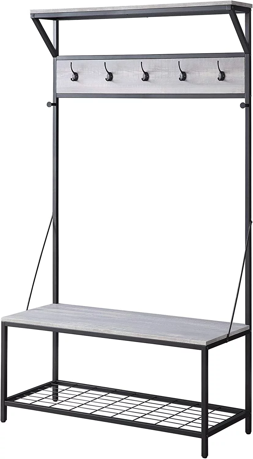 Bench Hall Tree, Entryway Storage Bench Shoe Rack, Hat and Coat Stand Accent Furniture with Black Metal Frame - Lexie (Stone Grey)