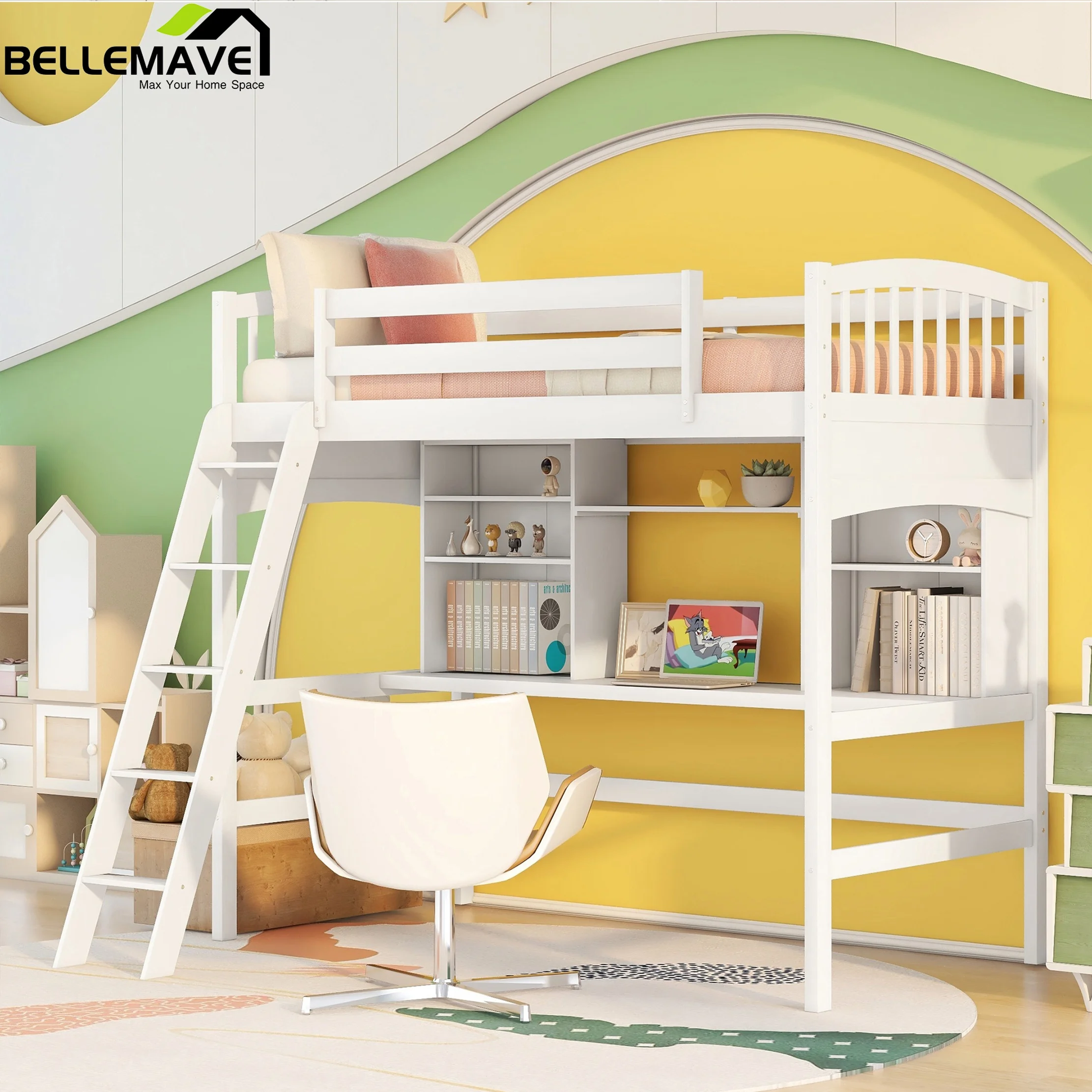 Bellemave Twin Size High Loft Bed with Storage Shelves, Desk and Ladder for Kids Bedroom,Solid Wood Bed frame with Safety Guardrails for Teens,Space Saving Design(White)