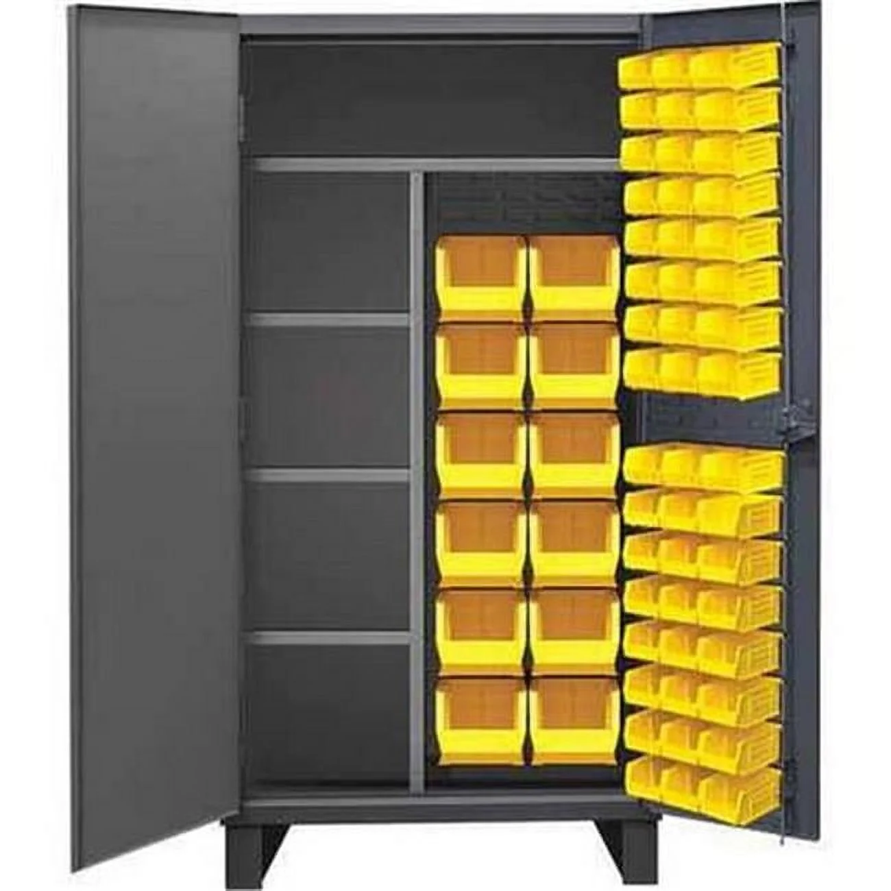 Durham HDJC243678-60-4S95 12 Gauge Recessed Door Style Lockable Janitorial Cabinet with 60 Yellow Hook on Bins & 4 Adjustable Shelves, Gray - 36 in.