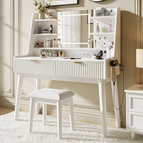 Vanity Desk with Mirror & LED Lights, Fluted Makeup Table Set with Power Outlet & Hair Dryer Rack, Modern Dressing Table with Drawers & Adjustable Shelves, Cushioned Stool for Bedroom, White