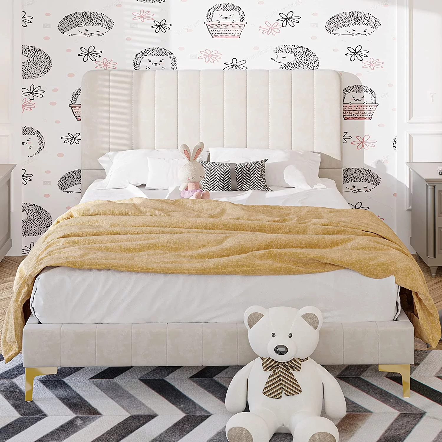 LIKIMIO Full Size Bed Frame, Upholstered Platform Bed Full with Headboard and Strong Metal/Wood Supports, Easy Assembly, Noise-Free, No Box Spring Needed, Beige