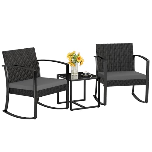Homall Patio Furniture Set 3 Piece Resin Outdoor Bistro Set Rocking Patio Chairs with Cushions and Table for Porch, Poolside, Balcony and Yard (Black)