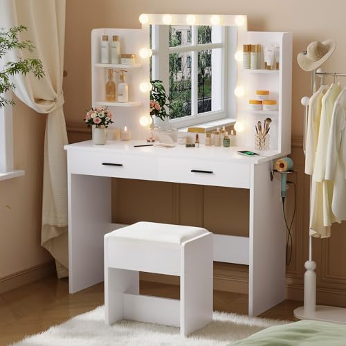 Vanity Desk with Lighted Mirror, Dressing Table Set with 2 Drawers, Power Strip and Stool, 3 Lighting Color Adjustable, Makeup Table for Bedroom