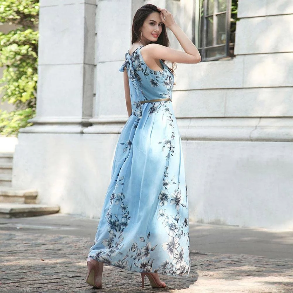 Hotian Women Halter Floral High Waist Chiffon Maxi Party Prom Dress Blue L/US8