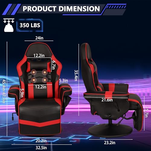 Blue Massage Gaming Chairs for Adults, Heavy Duty Silla Chair Recliner with Footrest, Adjustable Backrest and 360° Swivel Base for Teens, Boys