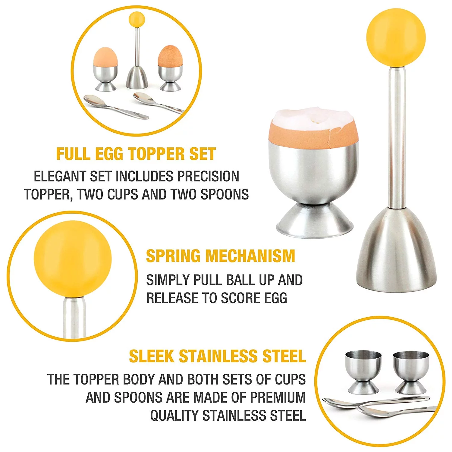 Epare Egg Cracker Topper Set - Complete Soft Boiled Egg Tool Set - Includes Egg Cups, Cutter, Spoons - Easy Eggs Opener
