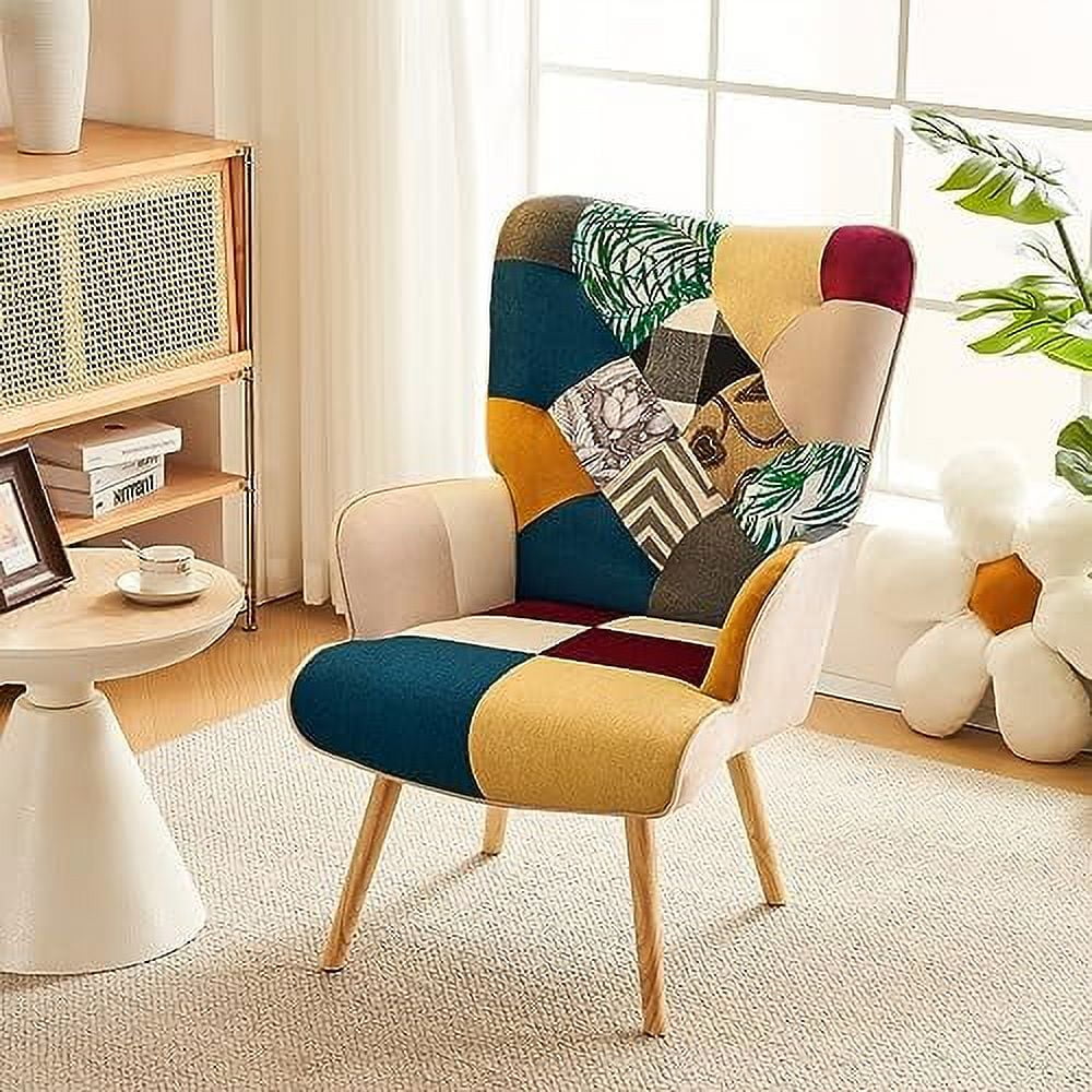 HOOMHIBIU Accent Chair  Living Room Chair  Modern High Back Armchair  Colorful Patchwork Reading Chairs for Bedroom  Lounge Chair with Linen Fabric Shell and Solid Wood Feets (1  Blue)