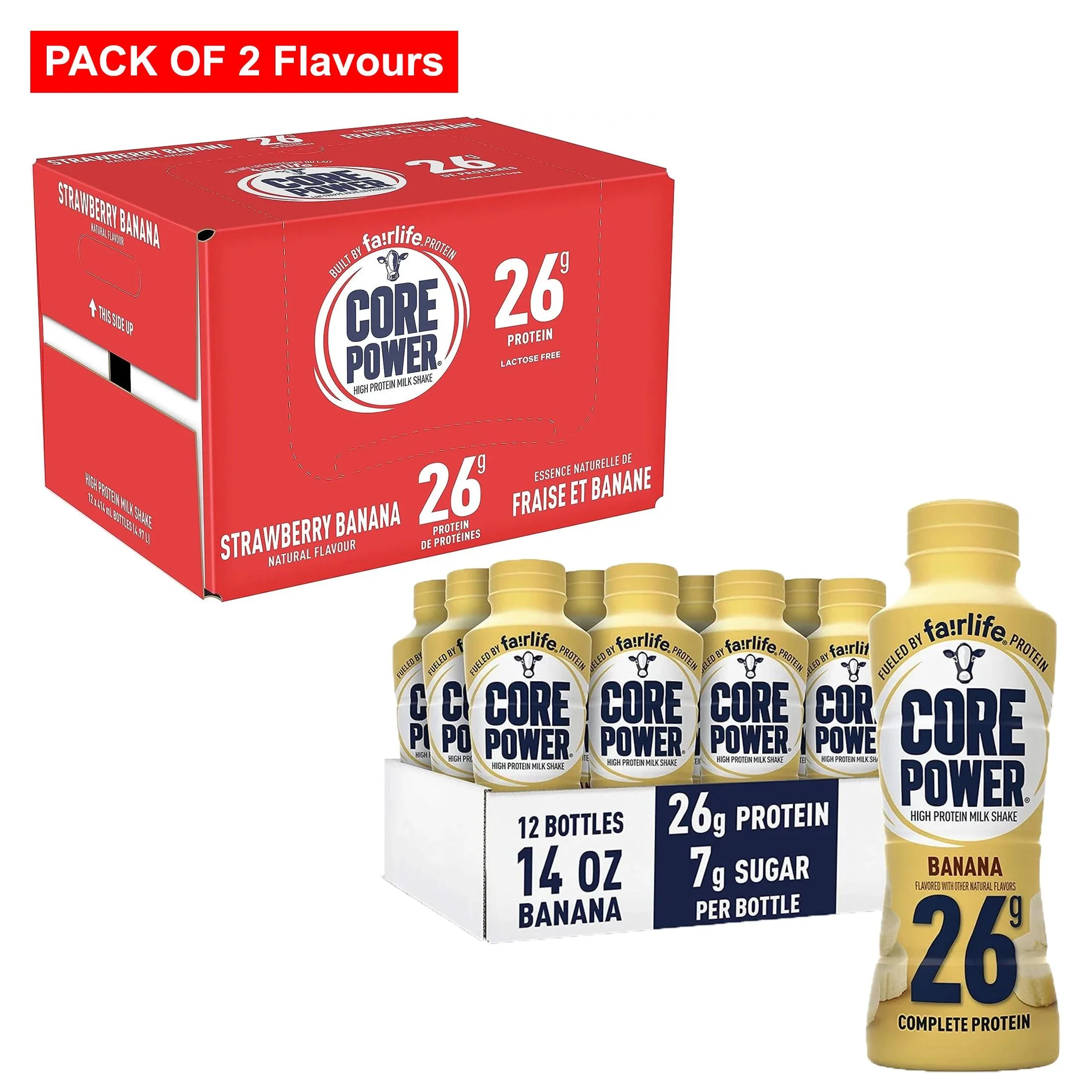 Core Power Fairlife High Protein Shakes, Banana & Strawberry Banana Flavor Pack (12 Bottle Pack of Each Flavor)