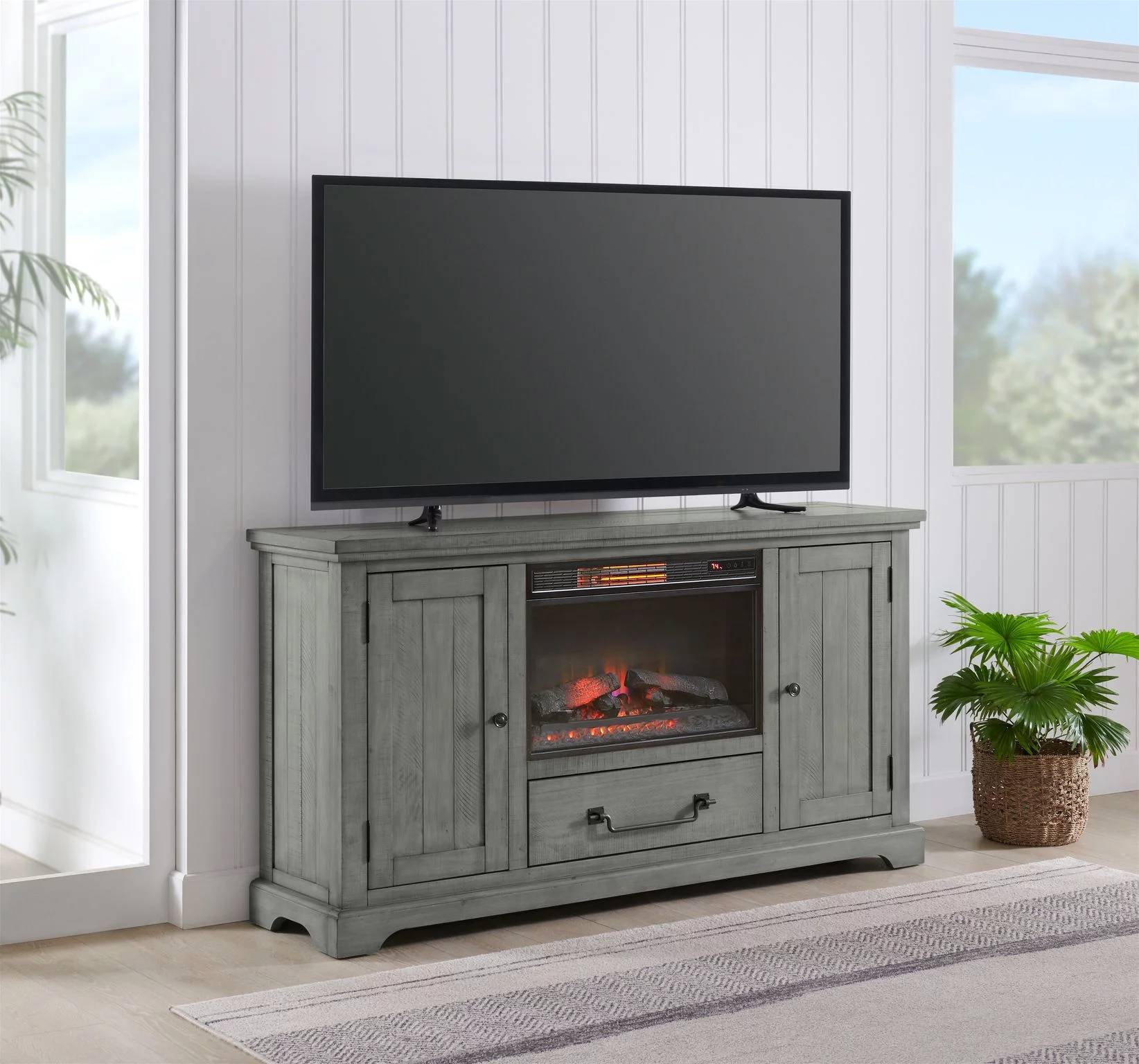 Martin Svensson Home Beach House Solid Wood TV Stand with Fireplace for TVs up to 70