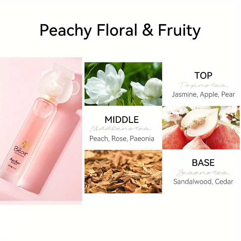 Portable Bear Perfume, Long Lasting Perfume For Girls Women, Peach Floral & Fruity, White Tea Woody Notes, 20ml, 0.68fl.oz, For Dating, Daily, Party Use