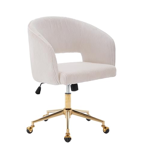 Home Office Chair Swivel Velvet Desk Chair Accent Armchair Upholstered Modern Tufted Chairs with Gold Base for Girls Women Ergonomic Study Seat Computer Task Stools for Living Room(Cream)