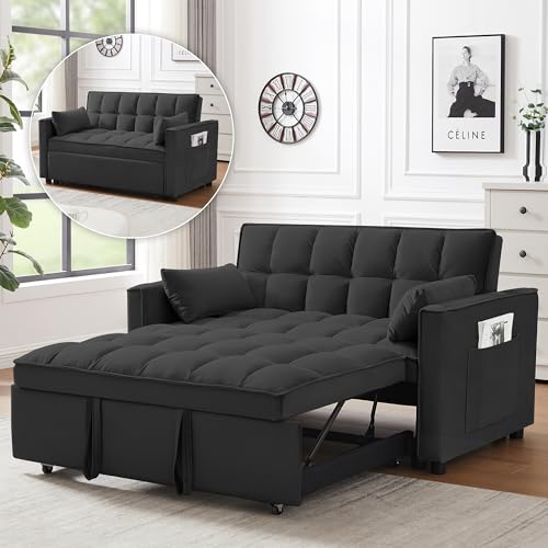 3 in 1 Convertible Sleeper Sofa Bed, Futon Couches for Living Room with Side Pocket | Adjustable Backrest| Velvet Fabric | Pull Out Couch | Recliner Loveseat | Sectional Sofa, Dark Gery