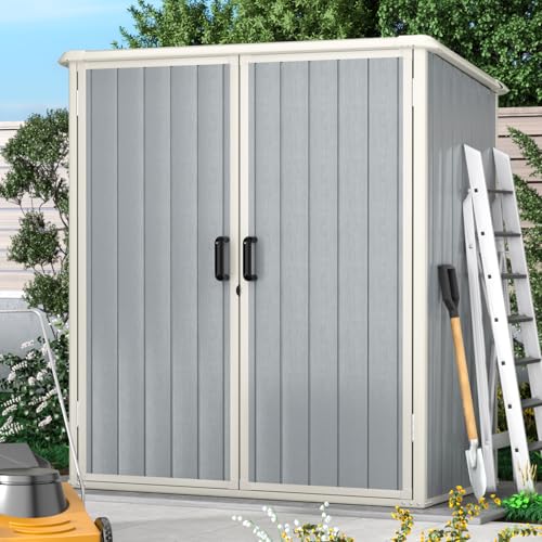 Aoxun Outdoor Storage Shed 5 x 3FT, Resin Shed with Floor and Lockable Door, Plastic Sheds for Garbage Can, Tool, Accessories, Lawn, Garden - Grey