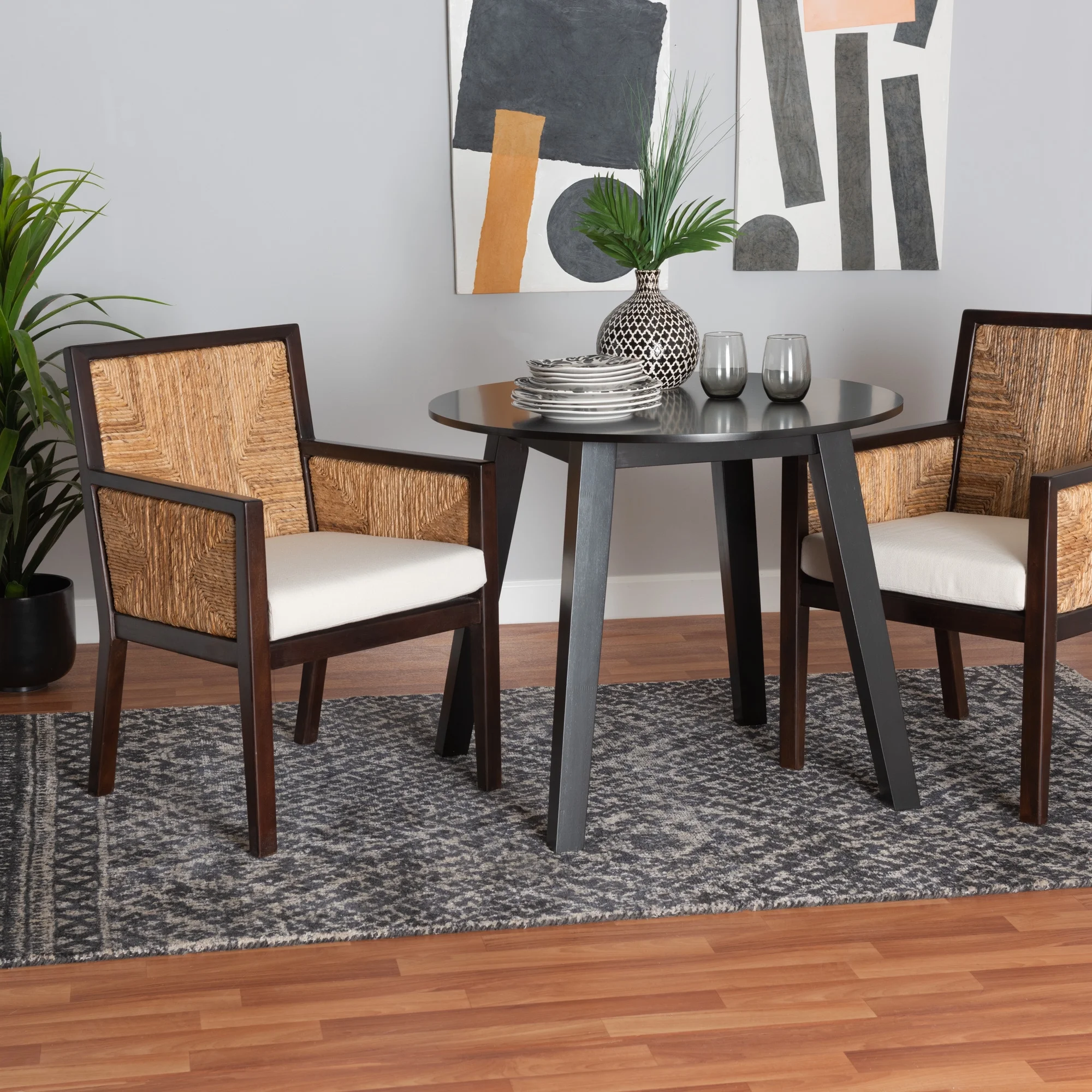 bali & pari Joana Modern Bohemian Dark Brown Mahogany Wood and Natural Abaca Dining Arm Chair