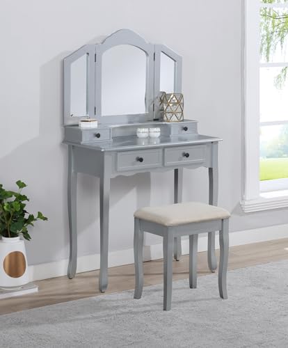 Roundhill Furniture Sanlo Wooden Vanity | Make Up Table and Stool Set | White
