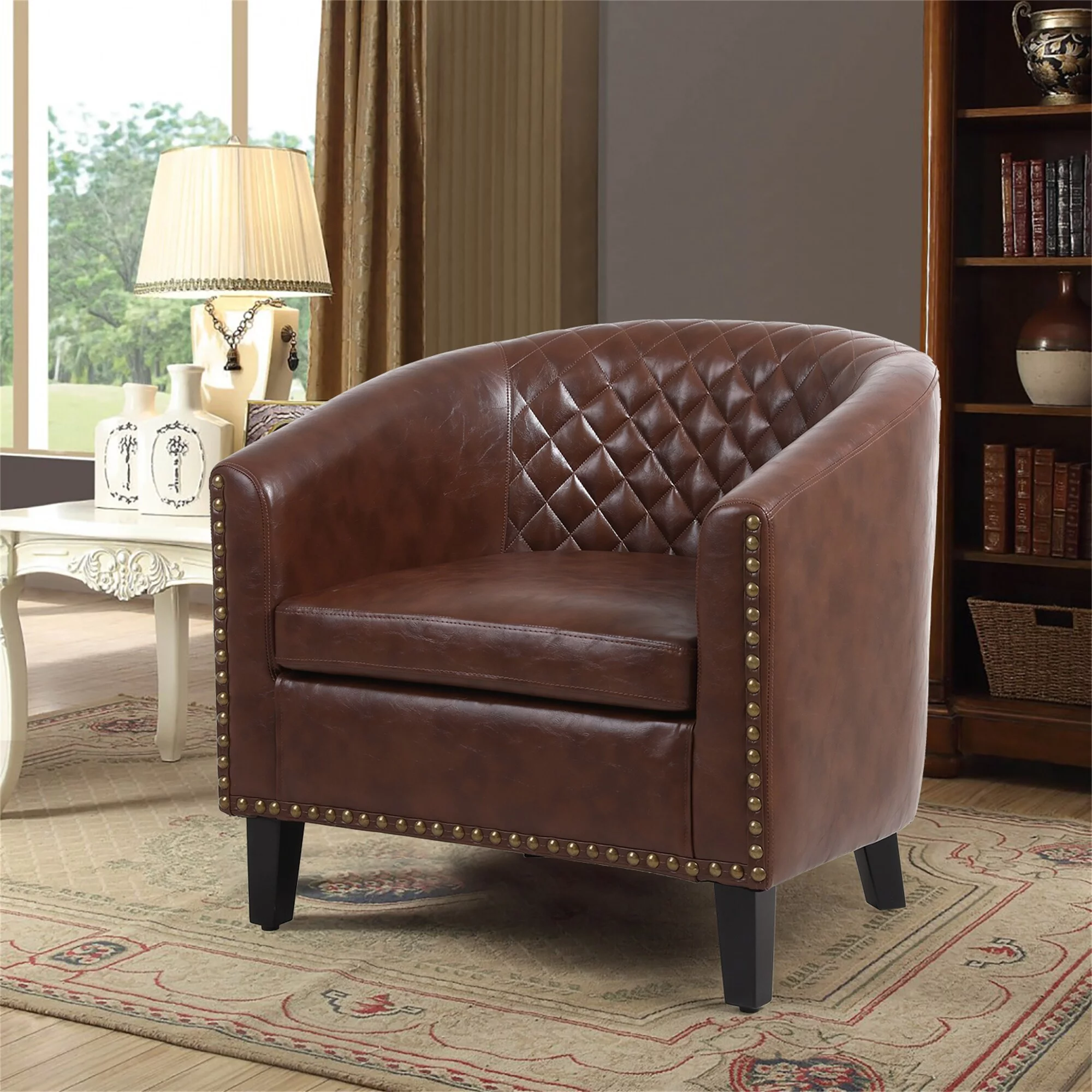 Clihome  PU Leather living Room Barrel Chair with Nailheads Black