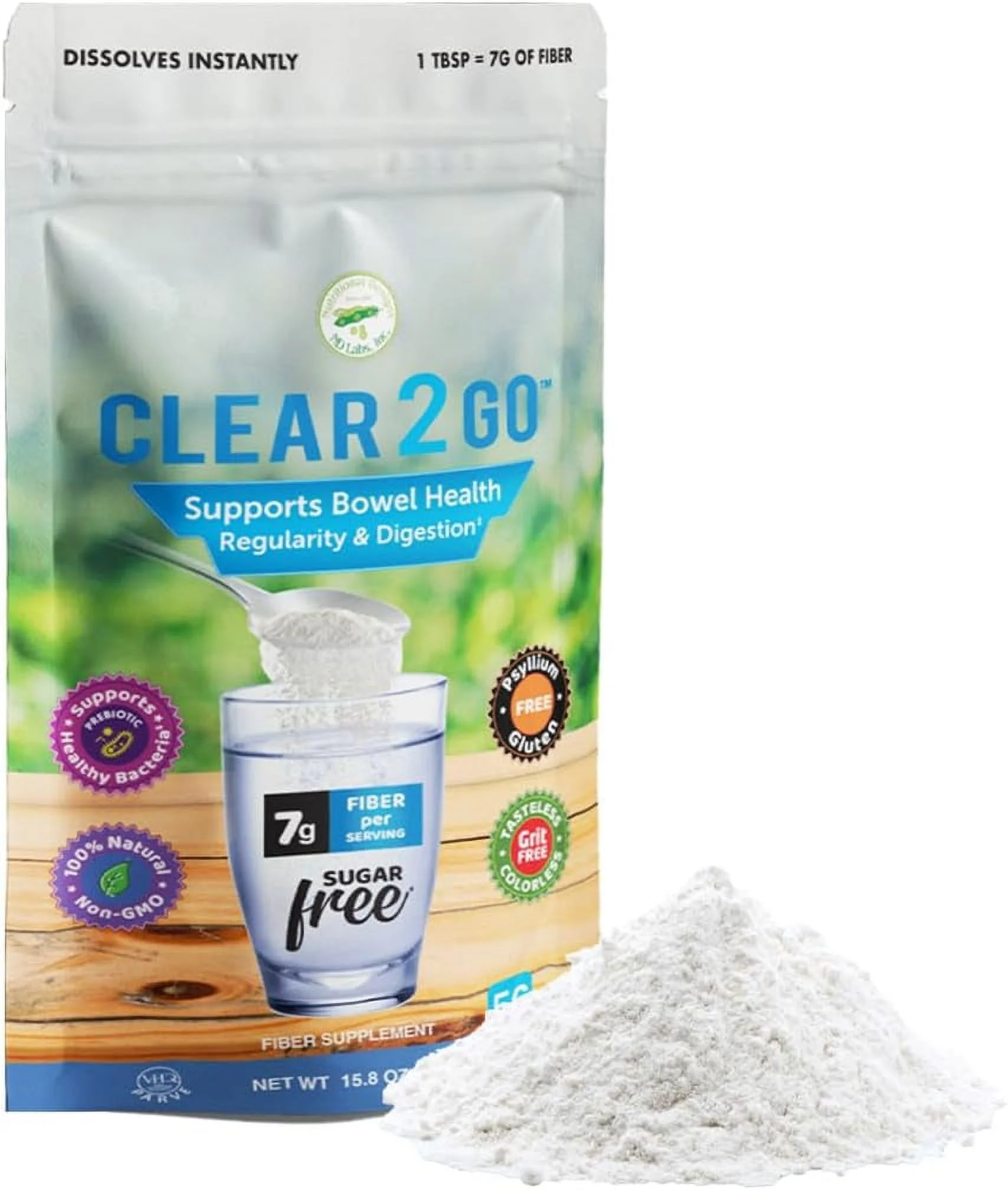 Clear 2 Go Support Bowel Health Regularity & Digestion. Fiber Supplement by Nutritional Designs No Flavor Sugar Free, 15.8 oz