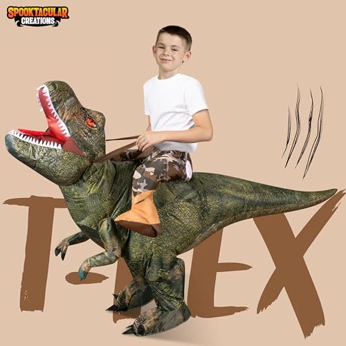 Spooktacular Creations T-Rex Inflatable Costume for Kids, Funny Air Blow Up Costumes, Digital Printing Ride-On Dinosaur for Halloween Parties, (Green M)