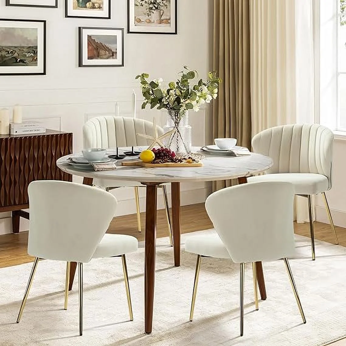 Velvet Upholstery Set of 4 Dining Chairs Channel Tufted Side Chair Metal Legs Kitchen Living Room Bedroom Tan