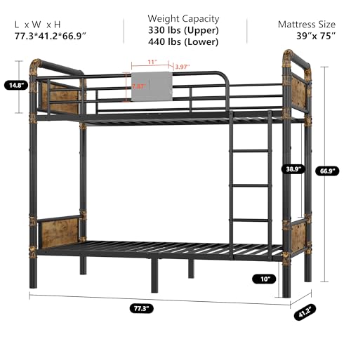 2 IN 1 Metal Bunk Bed Twin Over Twin, Convertible Twin Bunk Beds into 2 Individual Twin Size Bed for Kids Adults, 14.8