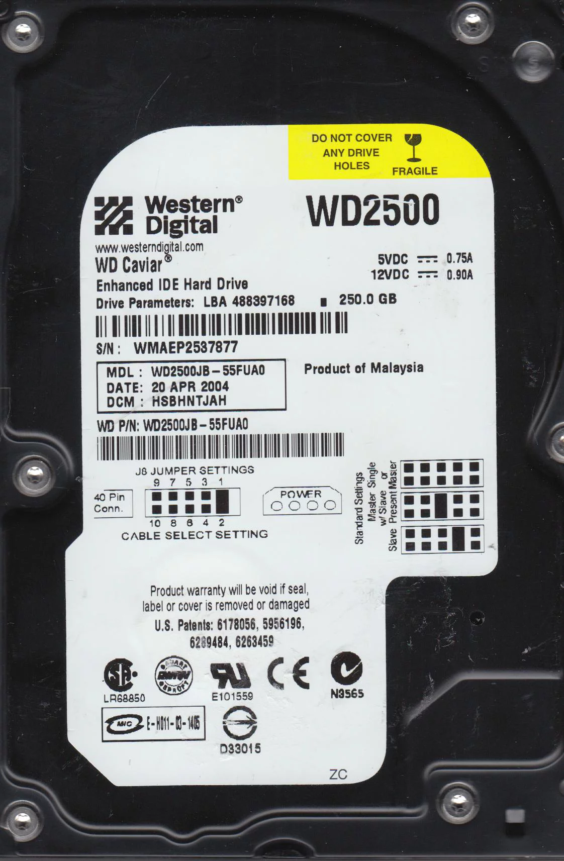 WD2500JB-55FUA0, DCM HSBHNTJAH, Western Digital 250GB IDE 3.5 Hard Drive