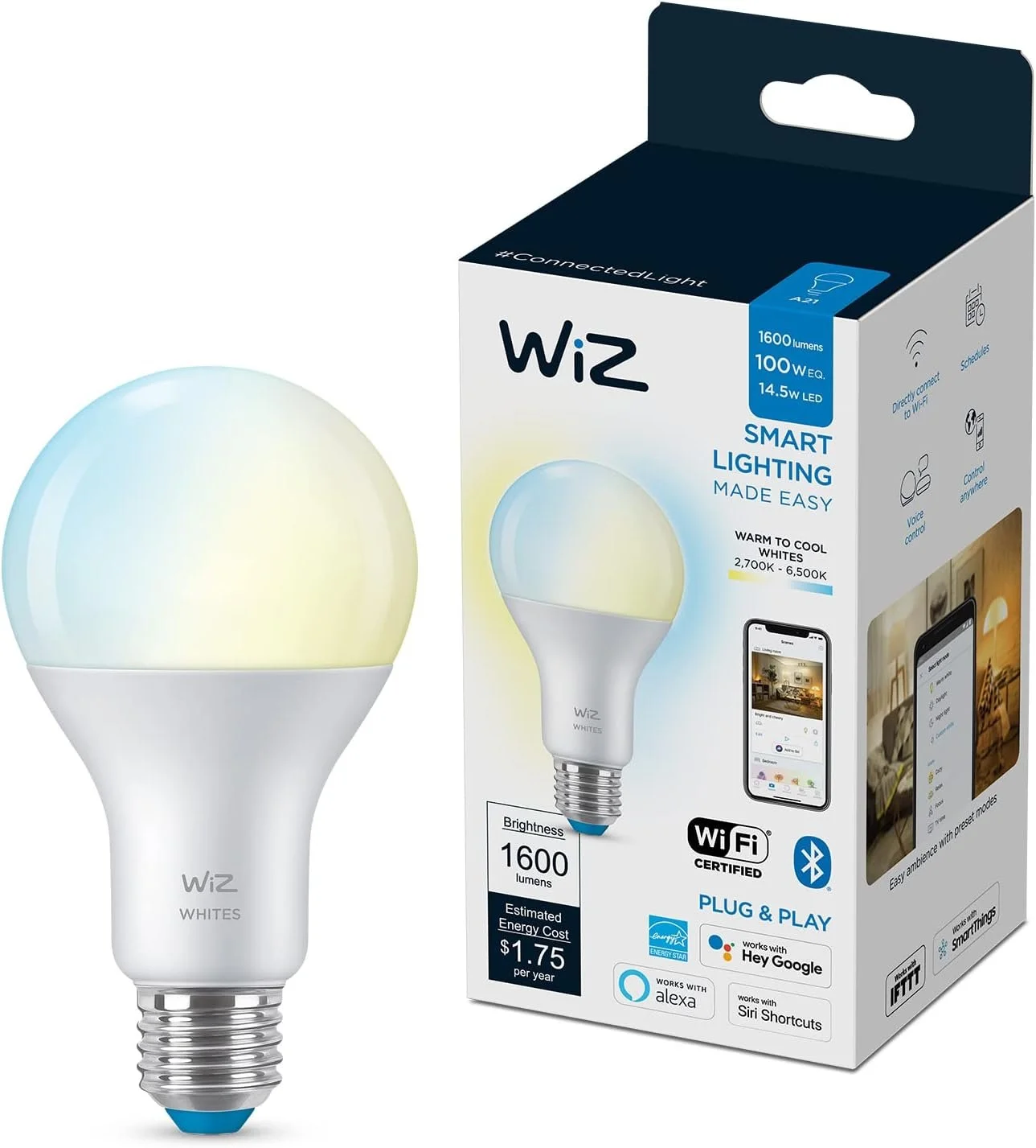 WiZ 100W Eq. 14.5W A21 Tunable White LED Smart Bulb - Pack of 1 - E26- Indoor - Connects to Your Existing Wi-Fi - Control with Voice or App + Activate with Motion - Matter Compatible