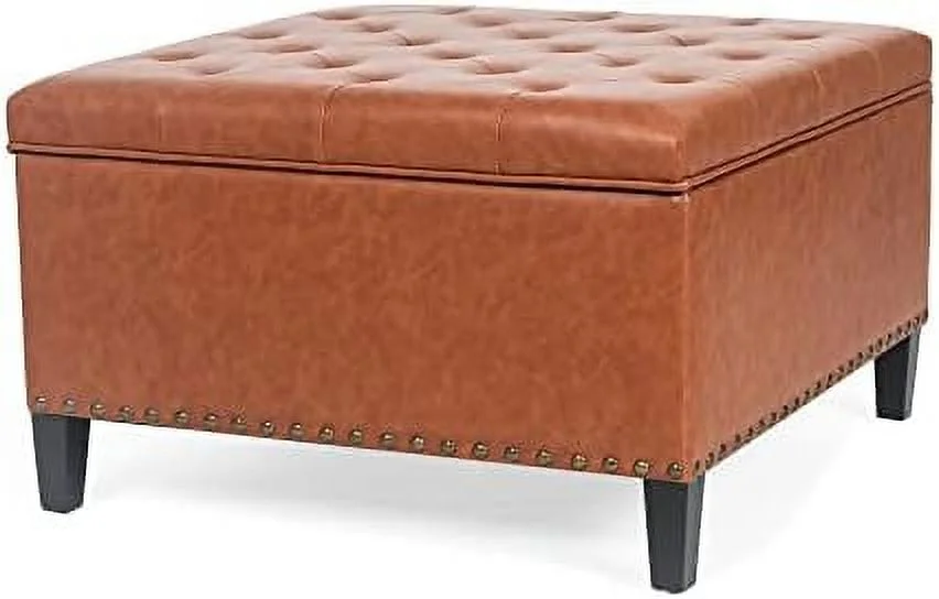 Ottoman  Upholstered Tufted Bench with Nailhead Trim  Footrest Coffee Table with Wood Legs for Living Room Bedroom (Orange)