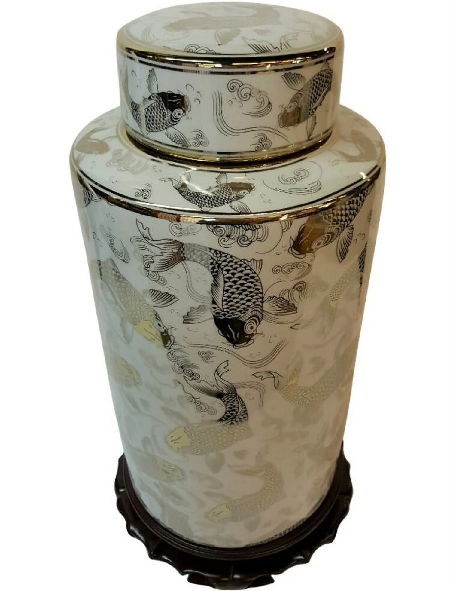 Porcelain Canister with Flowing Waters and Koi in White and Gold Glaze - Oriental Furniture Warehouse