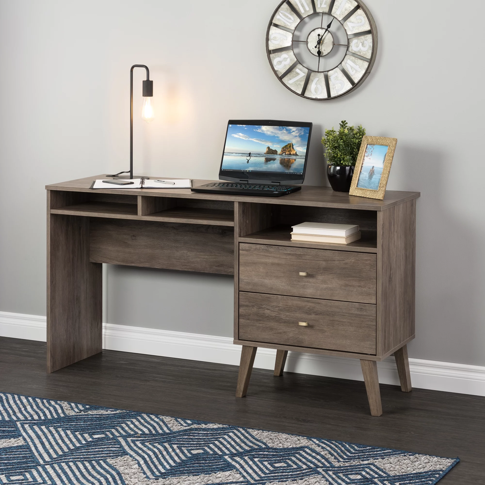 Prepac Milo Mid Century Modern Computer Desk with Side Storage and 2 Drawers, Drifted Gray