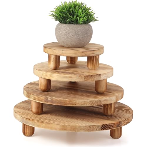 Sintuff 4 Pack Mini Wooden Plant Stool Display Wood Cake Stand 12/10/8/6 Inch Round Plant Risers Holder for Flower Pot Wooden Stool Indoor Outdoor Wood Stand(Beige)