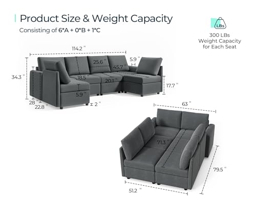 LINSY HOME Modular Sofa, Sectional Couch U Shaped Sofa with Storage, Memory Foam, 6 Seat Sectionals Chaise for Living Room, Dark Grey